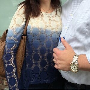 Vintage Havana Blue and Cream Ombre Open Knit Long Sleeve High Low Sweater, S